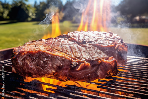 Close up of beef ribeye steak grilling on flaming grill in background of sun shining forest. Lifestyle concept of meals and barbecue.