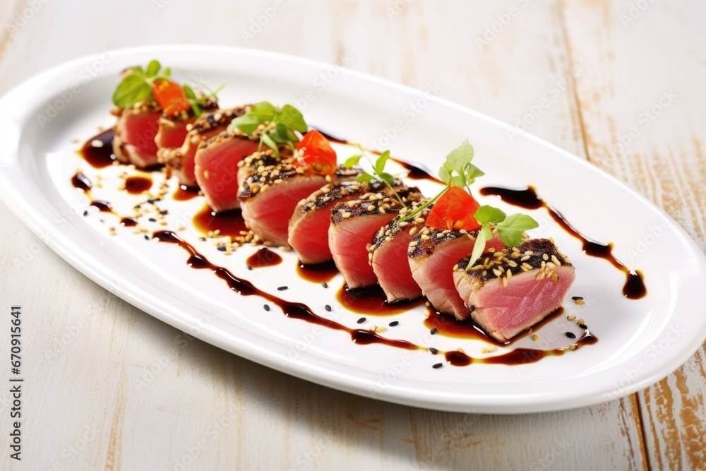 seared tuna steak with sesame seeds on a white plate