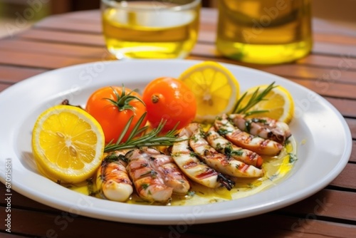 side view of a plate featuring grilled octopus and lemon slices