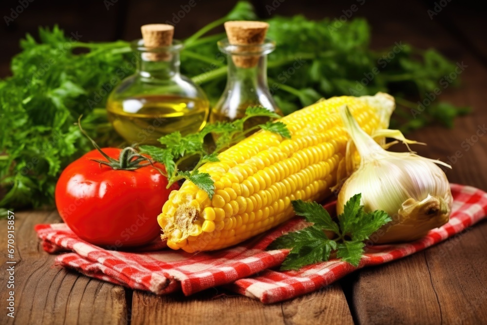grilled corn on the cob placed on a rustic wooden table grilled corn on the cob placed on a rustic wooden table