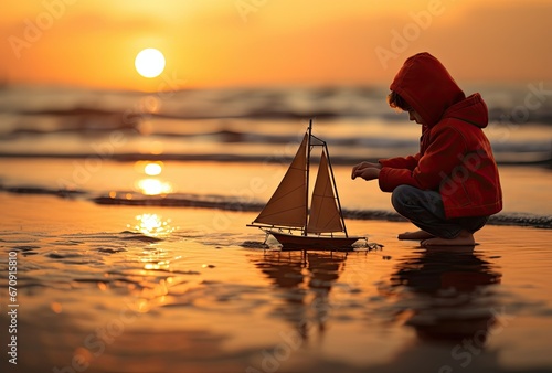 Little kid playing with toy seailing boat on sea photo