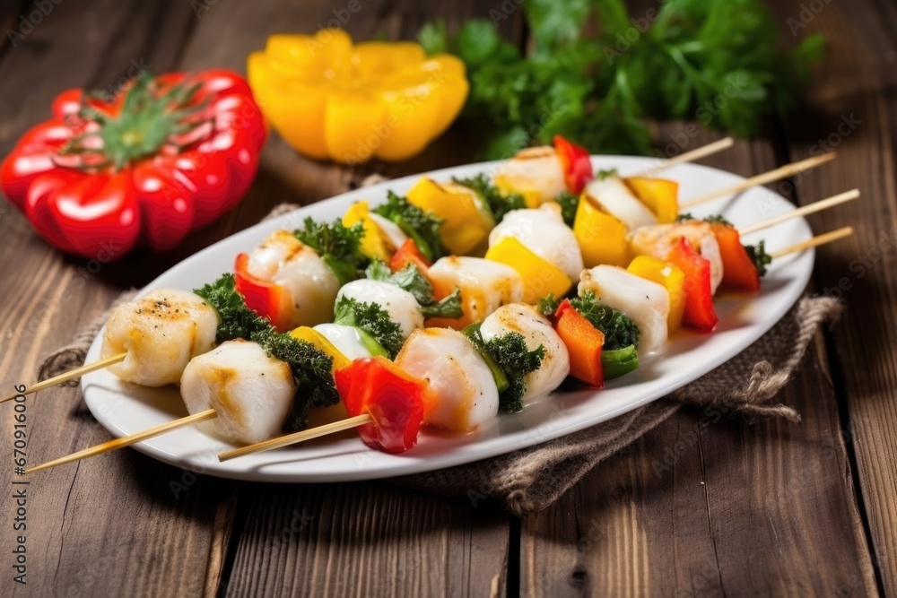 scallop shish kebabs on a rustic wooden table