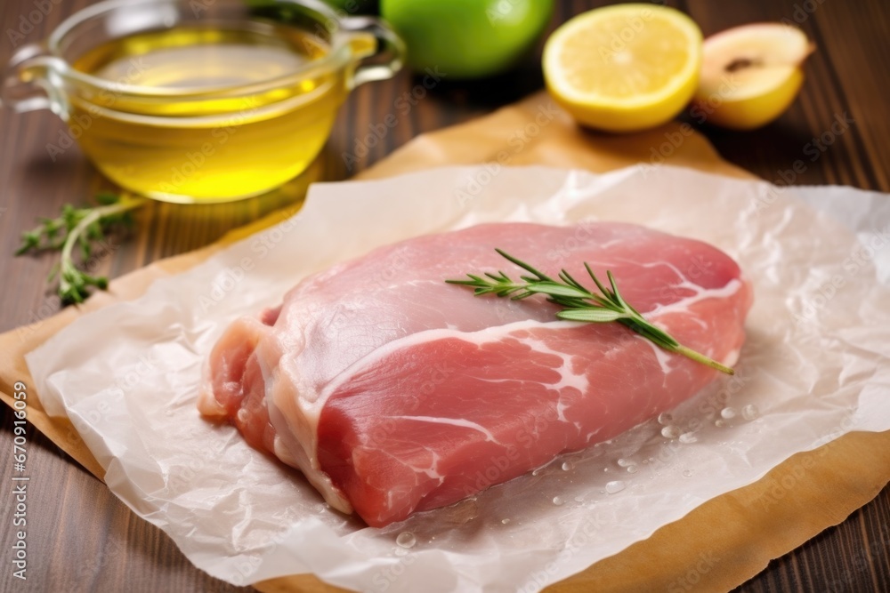raw pork chop brushed with apple sauce, on butcher paper raw pork chop brushed with apple sauce, on butcher paper