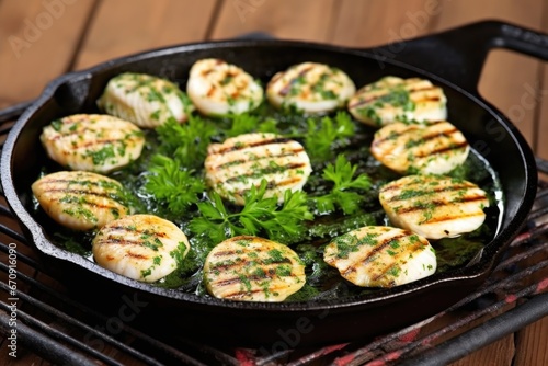 grilled scallops with a sprinkling of parsley in a cooking pan