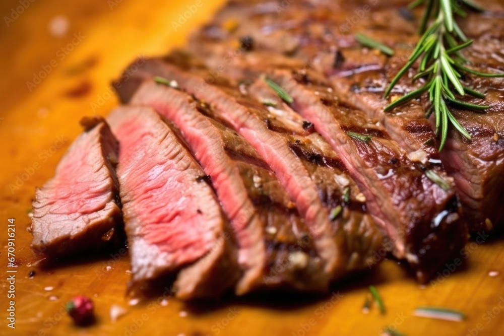 detail of a sliced grilled sirloin steak showing texture