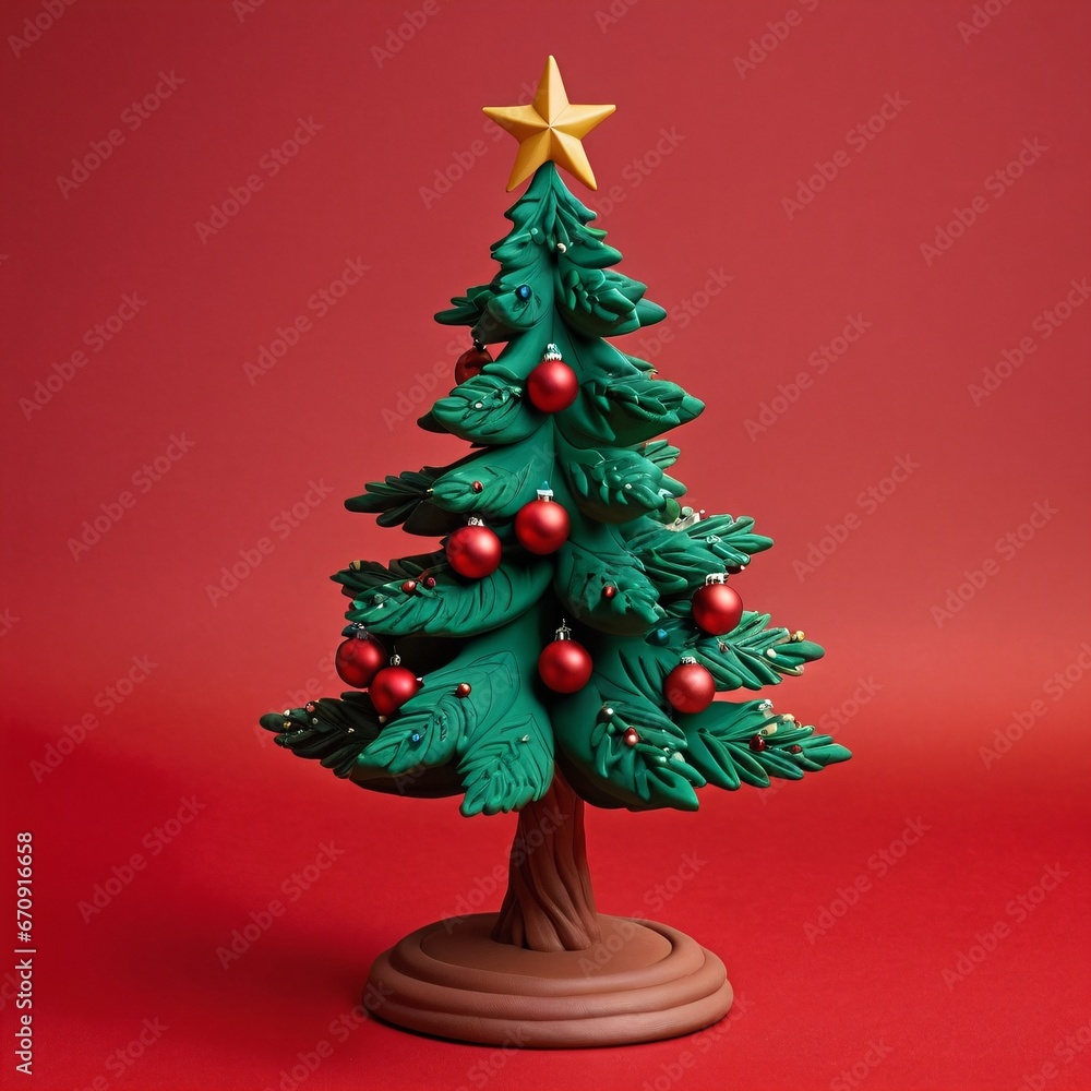 Decorated Christmas Tree with star and isolated on red background Decorated Christmas Tree with star and isolated on red background