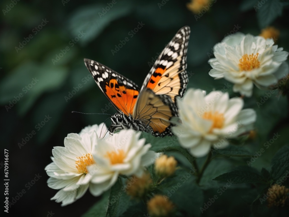 butterfly on white flower nature background. AI Generative