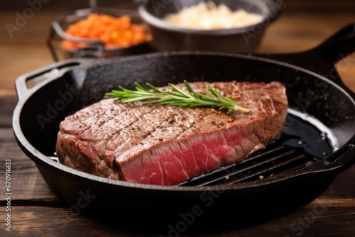 beef steak with charred edges on a cast-iron pan