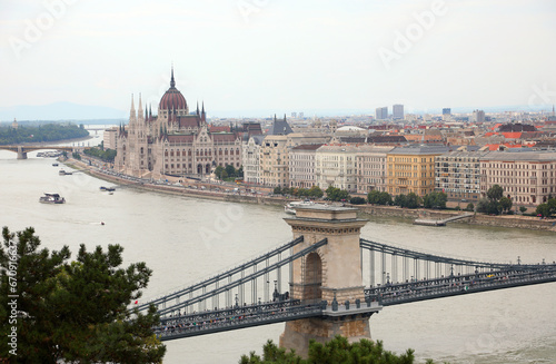 Classic view of Budapest with the Chain Bridge over the Danube River and the Parliament