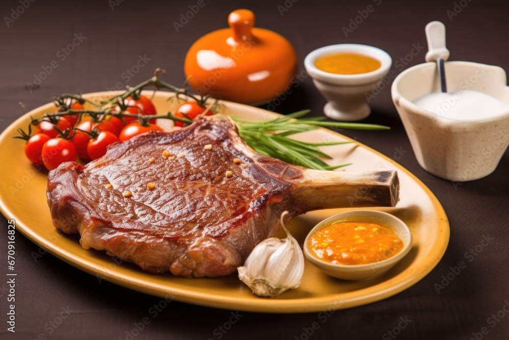 t-bone steak served with a pepper sauce on a ceramic plate t-bone steak served with a pepper sauce on a ceramic plate