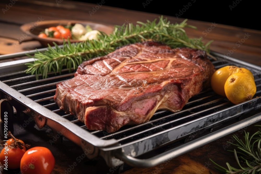 grilled t-bone steak on a metal tray, fresh off the grill