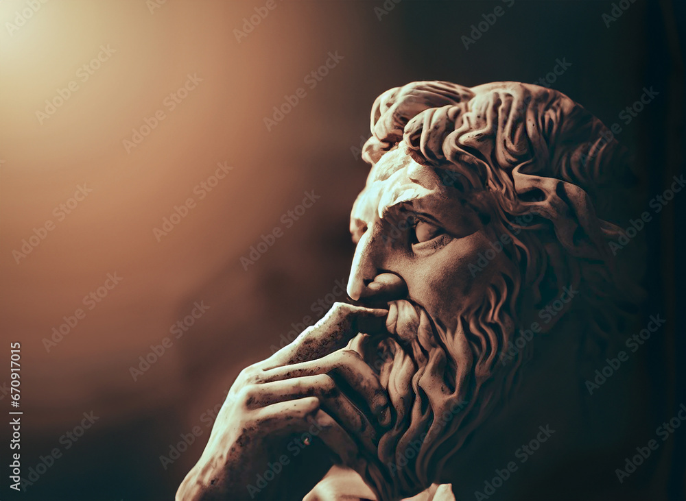 Ancient philosopher thinking in dark background - obrazy, fototapety, plakaty 