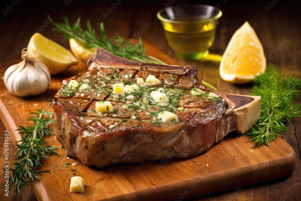 grilled t-bone steak topped with homemade garlic butter