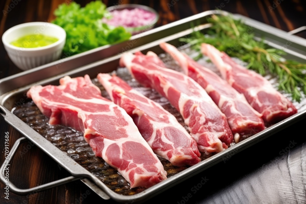 raw herb-marinated pork rib rack on a metal tray