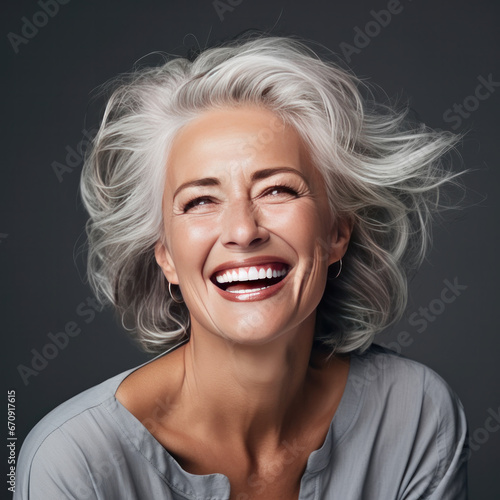 Beautiful gorgeous 50s mid age beautiful elderly senior model woman with grey hair laughing and smiling. Mature old lady close up portrait. Healthy face skin care beauty  Generative Ai