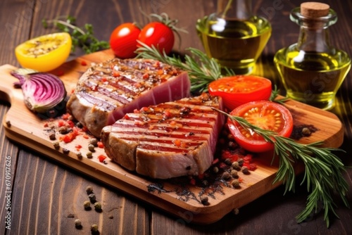 grilled tuna steak on a rustic wooden board with garnish