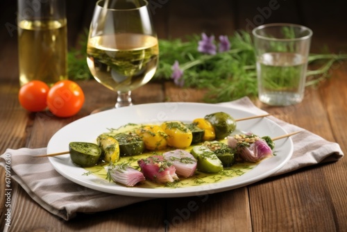 plate of olive oil and herb-marinated vegetable skewers beside a saison