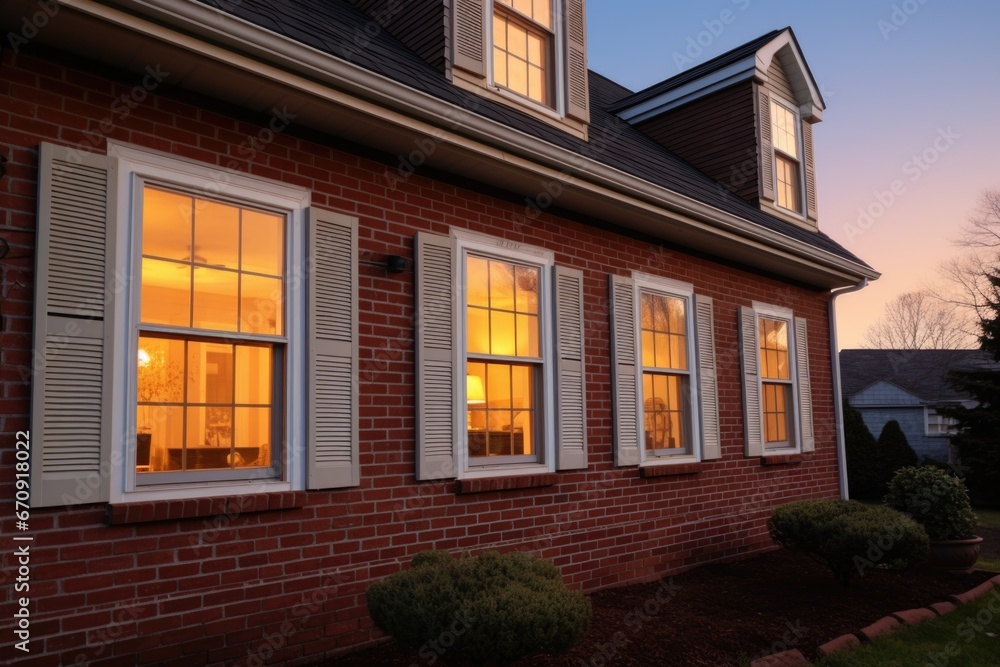 close-up of a brick facade of a saltbox home during dusk