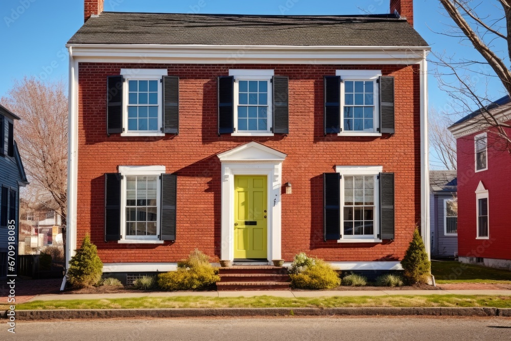 saltbox house with bright, contrasting shutters, brick facade in the sun