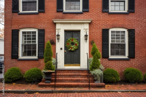 saltbox house with wreath on the door, brick facade prominent