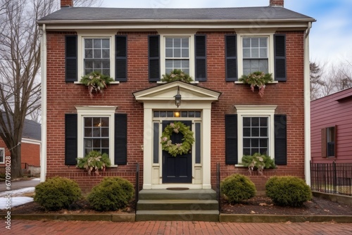 saltbox house with a brick facade and a decorative wreath on the front door
