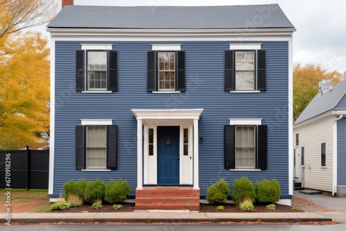 saltbox house front with navy blue shutters