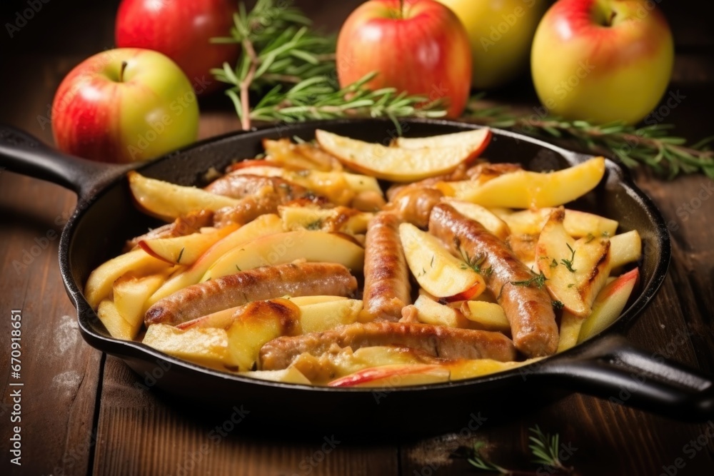 appetizing sausages frying with sliced apples on a pan