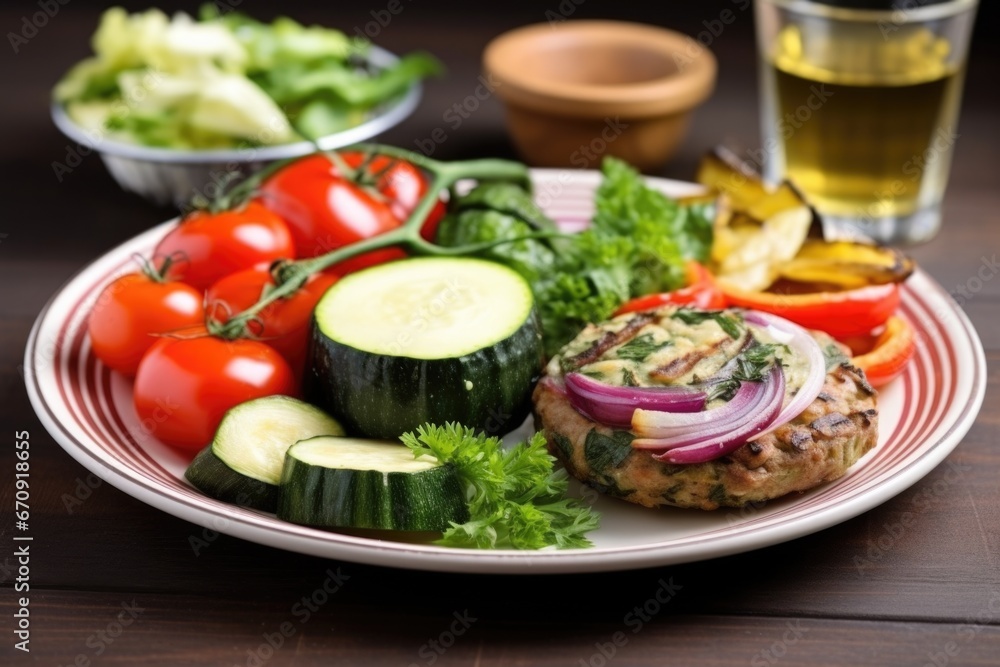 veggie burger with grilled vegetables on a ceramic plate veggie burger with grilled vegetables on a ceramic plate