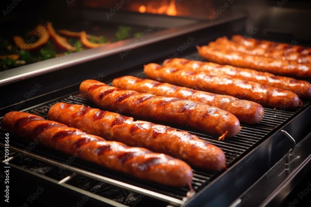 several bratwursts cooking evenly on a large griddle