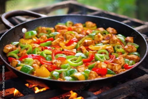 spicy sausages sizzling amidst green bell peppers on a skillet © altitudevisual