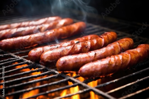 slow-cooked sausages turning crispy on a charcoal grill