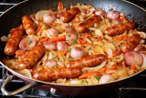 sausages frying with onions in a household pan