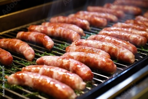 italian sausages browning on a professional kitchen griddle