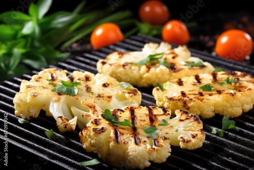 grilled cauliflower pieces with shiny texture under light