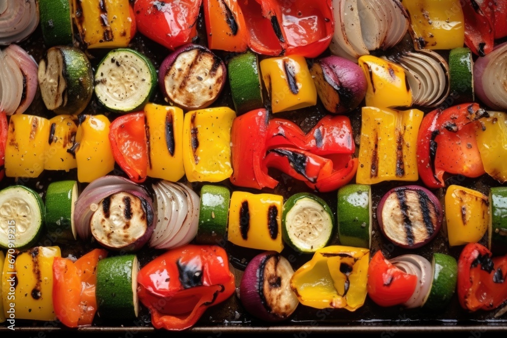 grilled kabobs of mixed veggies showing charred marks