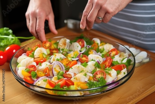 hand arranging cooked scallops in a seafood salad