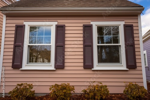 trim detail on a wood-shingle house with window shutters © altitudevisual