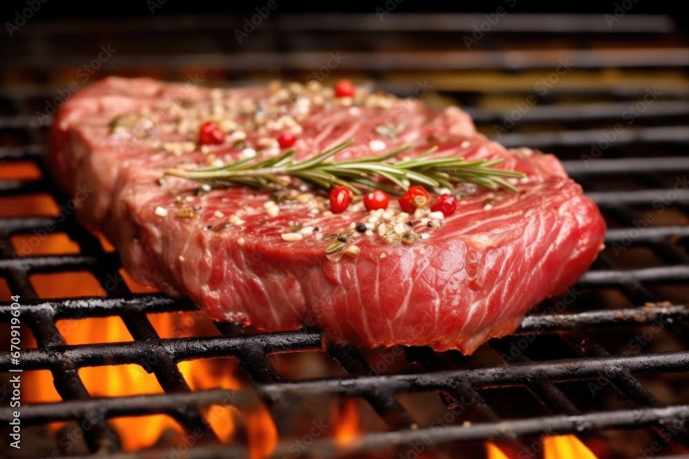 raw juicy steak placed on preheated barbecue grill