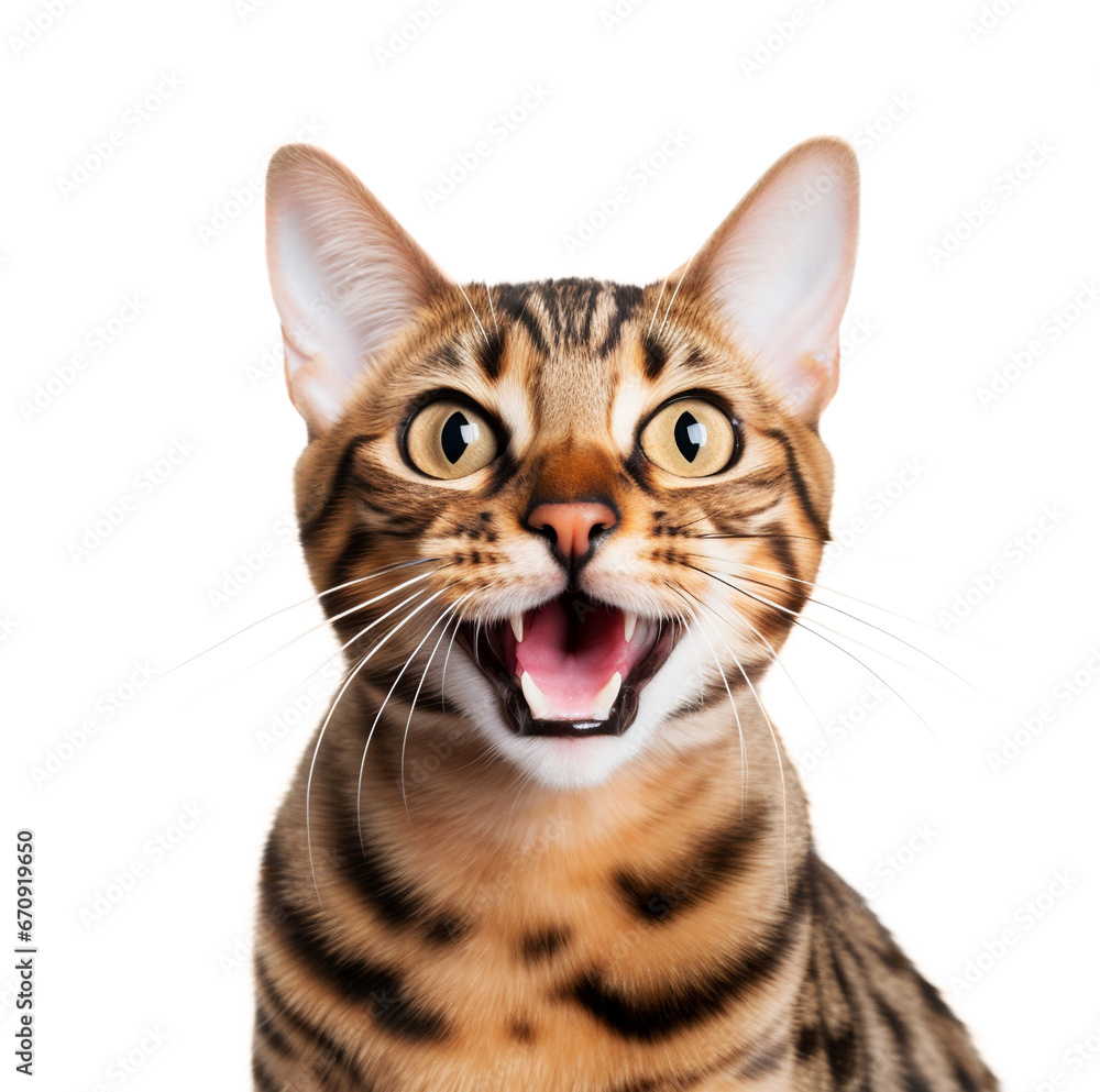 Portrait of a Bengal cat with an open mouth.
