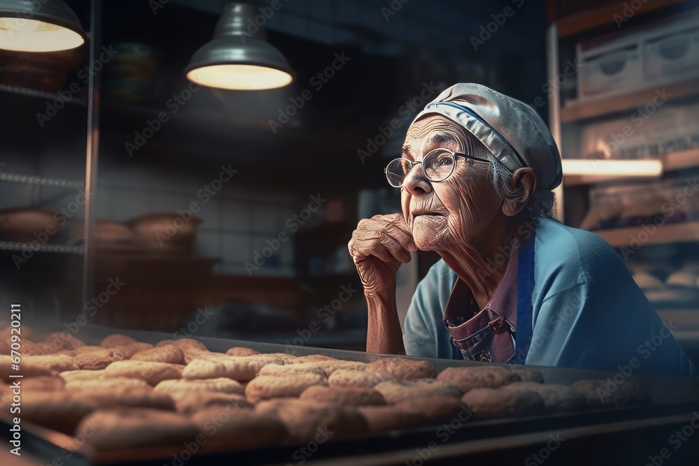Retired woman working at bakery shop. Food small business service job. Generate Ai
