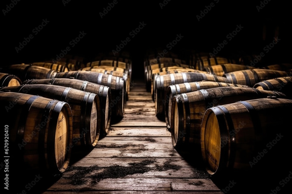 backlit shot of whisky barrels in the dark
