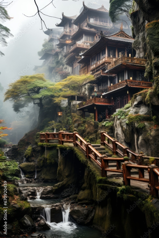 Tranquil Buddhist temple in the mountains, Generative AI Tranquil Buddhist temple in the mountains, Generative AI