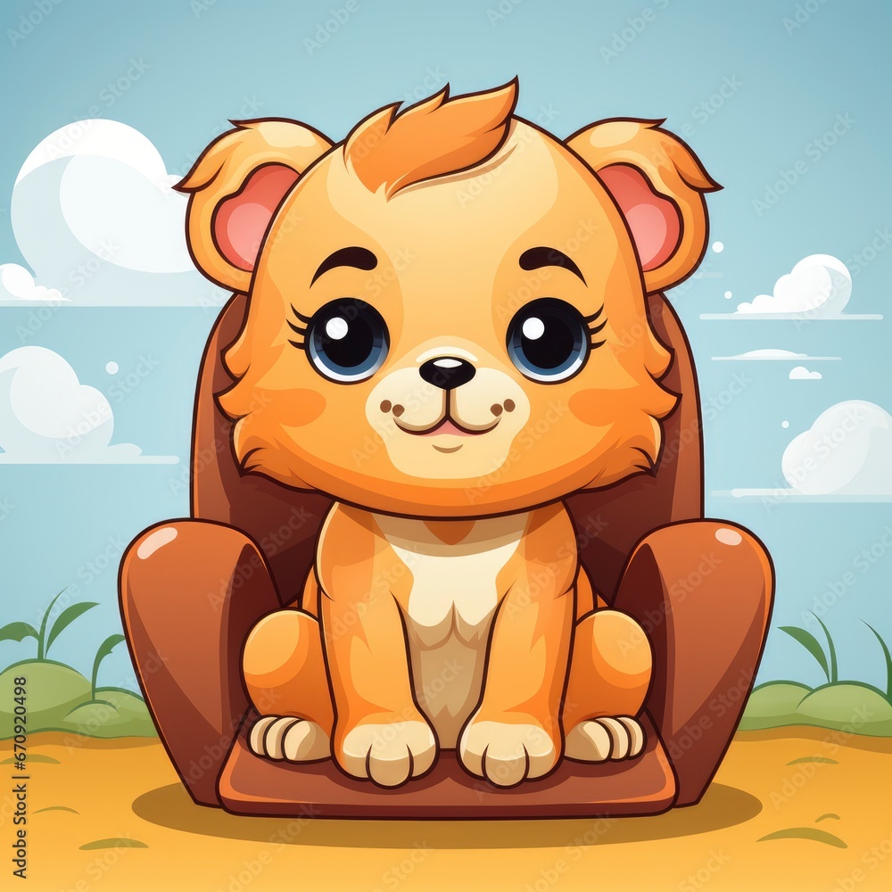 Fototapeta premium Cute Lion Sitting Chair , Cartoon, Icon Illustration