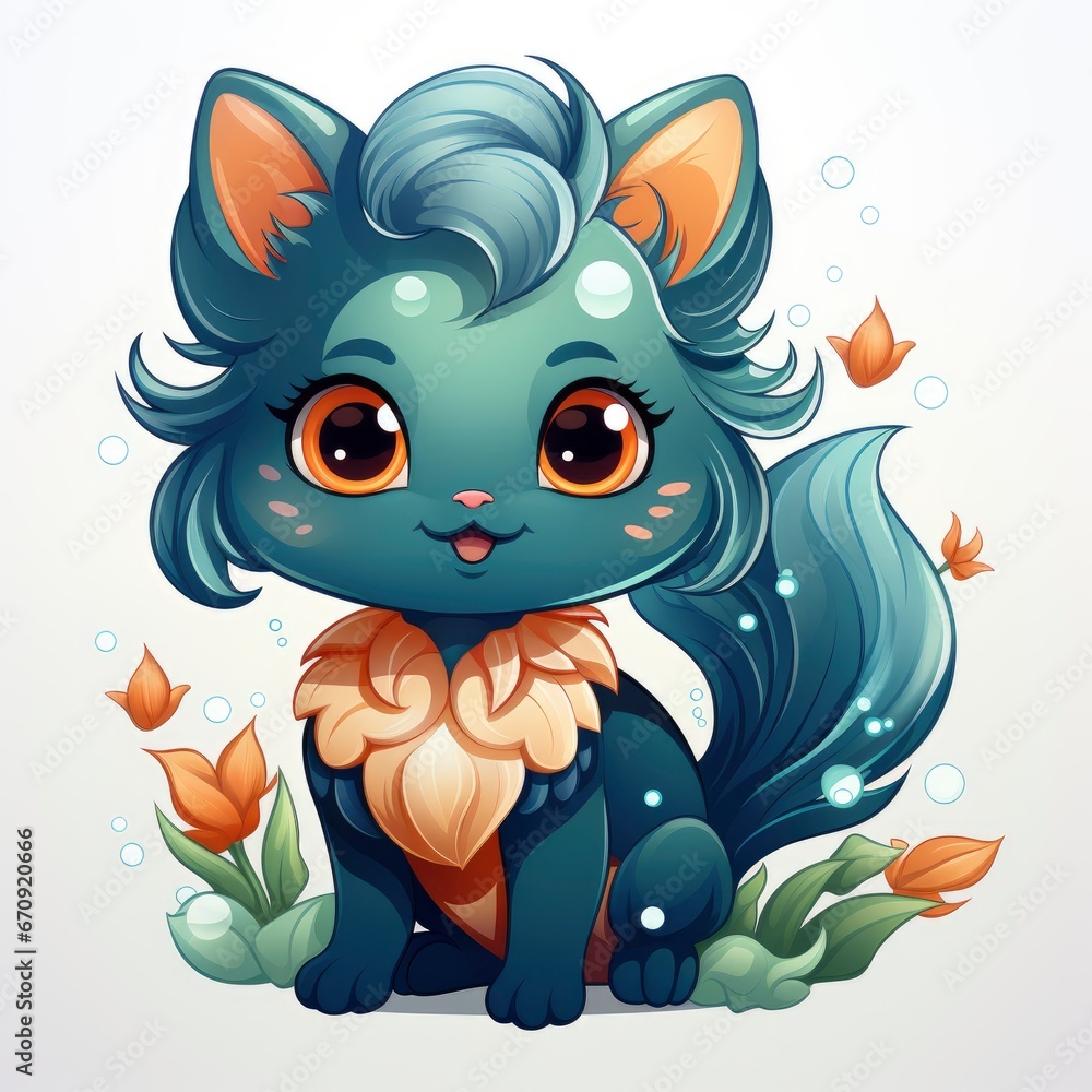 Obraz premium Cute Mermaid Cat With Fish , Cartoon, Icon Illustration