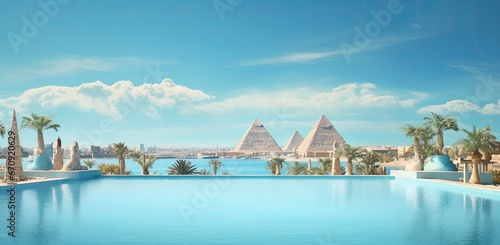 landscape view of the pyramids and the Nile river © jambulart