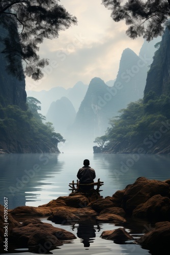 Tranquil moment by the Li River with karst mountains in the background, Generative AI