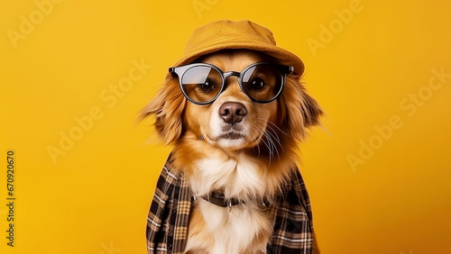 Portrait of a dressed dog with glasses and a hat on a yellow background. © Svetlana Rey