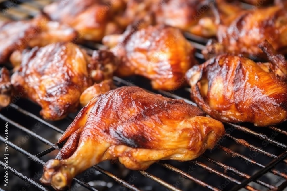 close up shot of honey bbq chicken wing with visible grill marks
