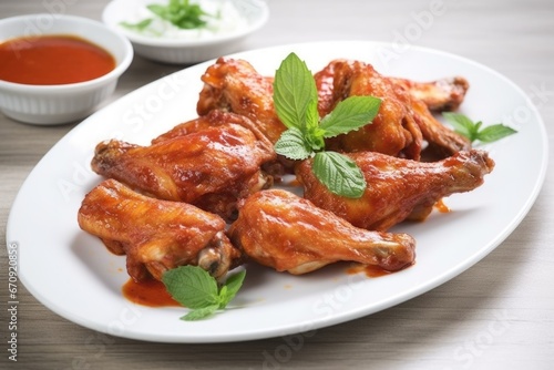 wings covered in sauce on a white ceramic plate with fresh herbs