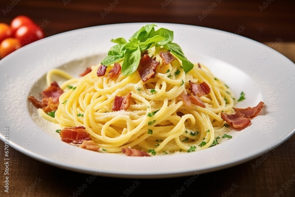 An AI illustration of a plate of spaghetti, topped with bacon and herbs, in a white bowl
